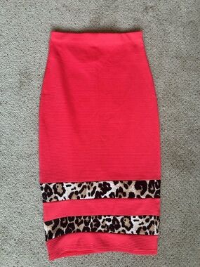 Coral Pencil Skirt with Leopard Trim